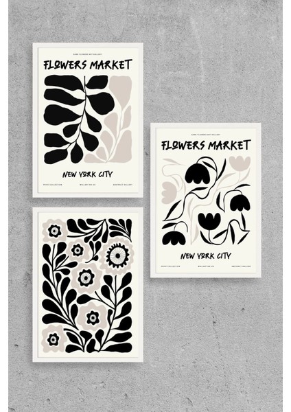 Flower Market Üçlü Ahşap Çerçeveli Tablo