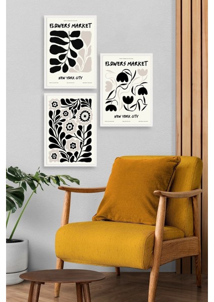 Flower Market Üçlü Ahşap Çerçeveli Tablo modelleri