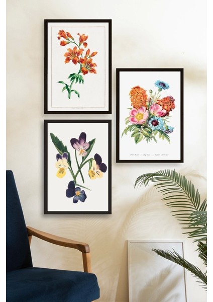 Çiçek Üçlü Ahşap Çerçeveli Tablo modelleri