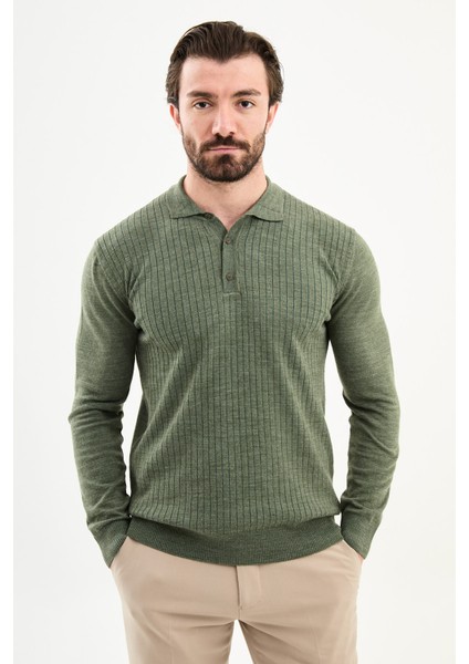 Fitilli Slim Fit Polo Yaka Erkek Triko Kazak