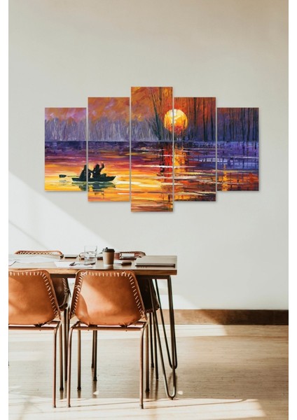 Batan Güneş ve Kayık 5 Parçalı Mdf Tablo