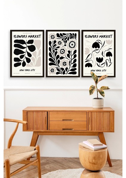 Flower Market Üçlü Ahşap Çerçeveli Tablo modelleri