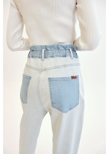 SOPHIE Balon Fit Büzgülü Bel Detaylı Çift Renk Açık İndigo Kadın Jean Pantolon