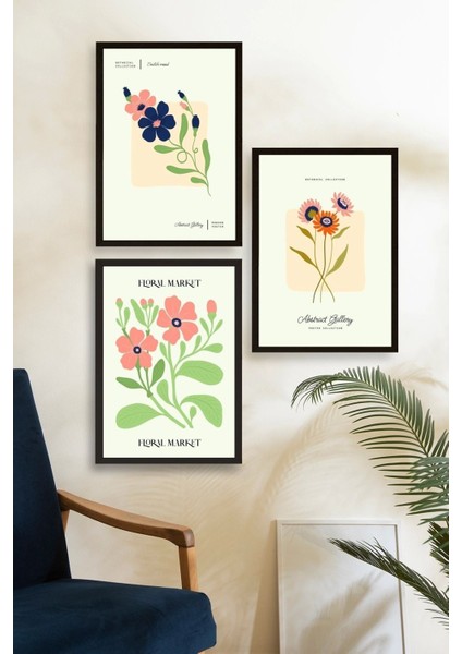 Flower Market Üçlü Ahşap Çerçeveli Tablo fiyatları
