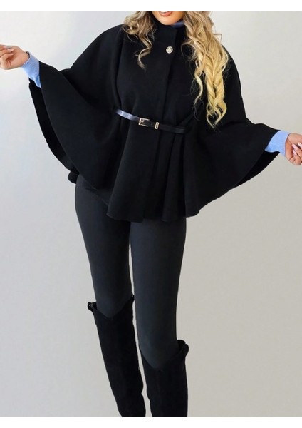 Haki̇m Yaka Kemer Detayli Siyah Kemer Secenekli Kaşe Panço Kahve Rengi Kemer