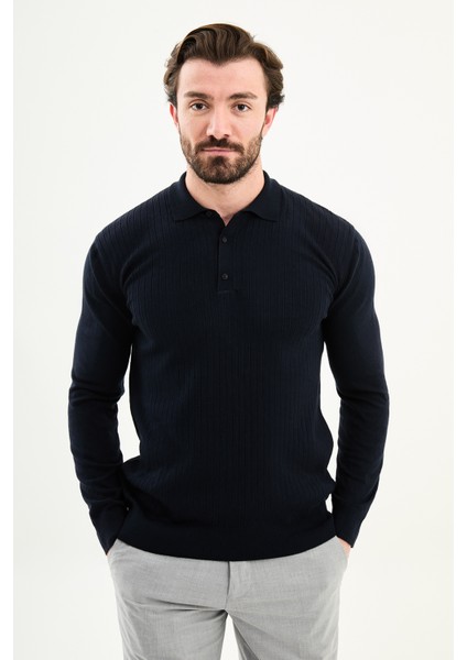 Fitilli Slim Fit Polo Yaka Erkek Triko Kazak