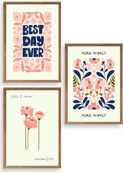 Flower Market Üçlü Ahşap Çerçeveli Tablo