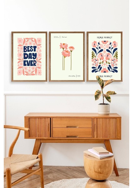 Flower Market Üçlü Ahşap Çerçeveli Tablo modelleri