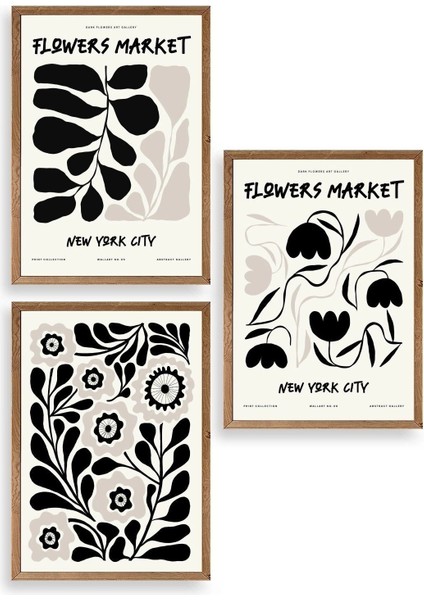 Flower Market Üçlü Ahşap Çerçeveli Tablo