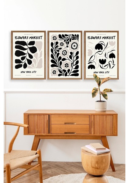 Flower Market Üçlü Ahşap Çerçeveli Tablo modelleri