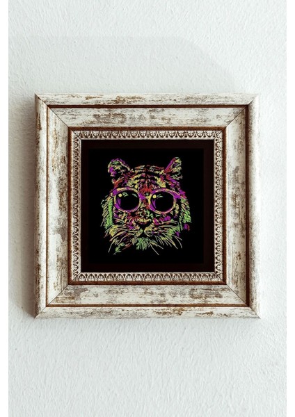 Soyut Çalışma Renkli Kedi Çerçeveli Taş Tablo , Çerçeveli Taş Duvar Dekoru - ENKCRCVTBL-00098