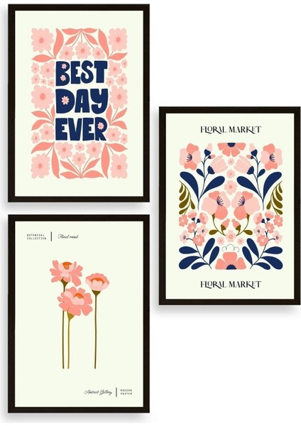 Flower Market Üçlü Ahşap Çerçeveli Tablo