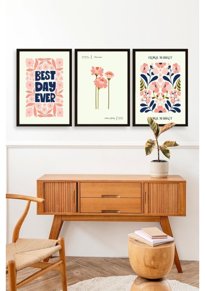 Flower Market Üçlü Ahşap Çerçeveli Tablo modelleri