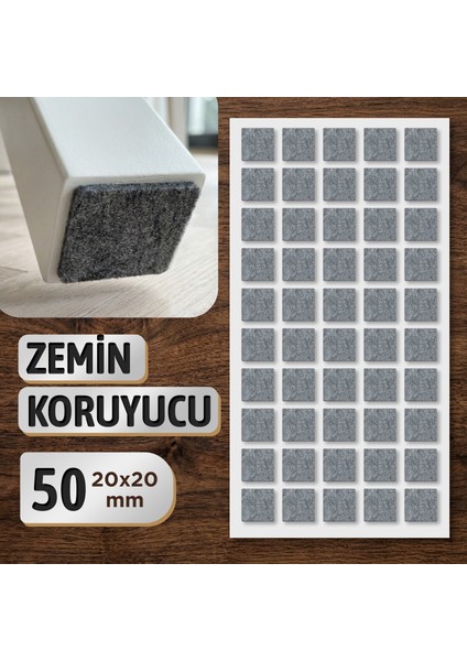 Zemin Koruyucu Keçe 20X20 mm Yapışkanlı (50'li Paket) Masa Sandalye Mobilya Koltuk Ayak Keçesi Kare