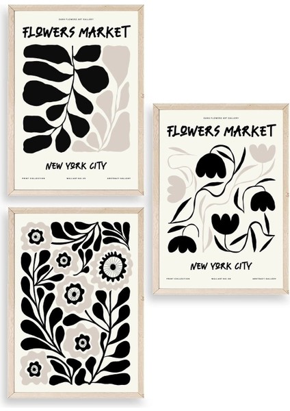 Flower Market Üçlü Ahşap Çerçeveli Tablo