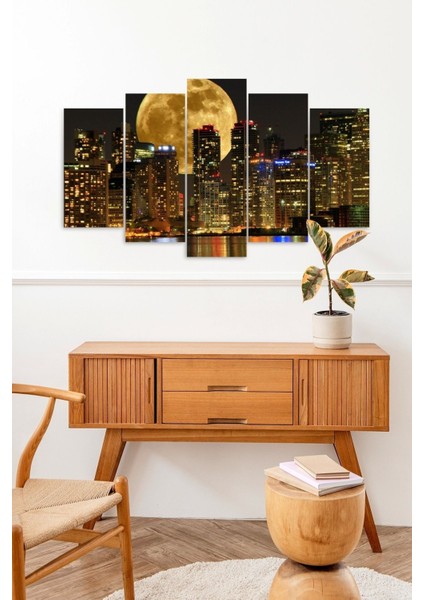 Ay ve Şehir Manzarası 5 Parçalı Mdf Tablo
