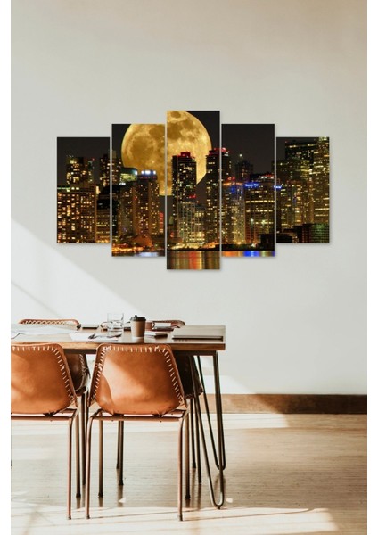 Ay ve Şehir Manzarası 5 Parçalı Mdf Tablo fiyatları