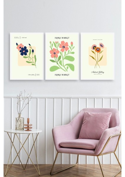 Flower Market Üçlü Ahşap Çerçeveli Tablo