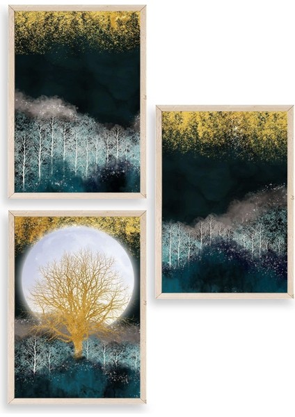 Manzara Üçlü Ahşap Çerçeveli Tablo
