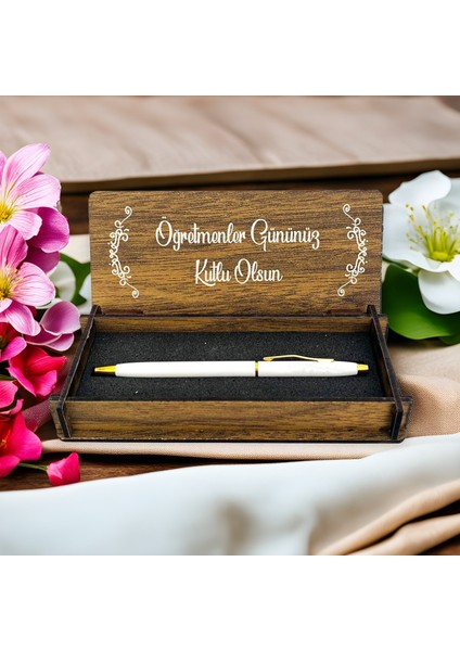 Öğretmenler Günü Tasarımlı Ahşap Kalem Kutusu - Bej