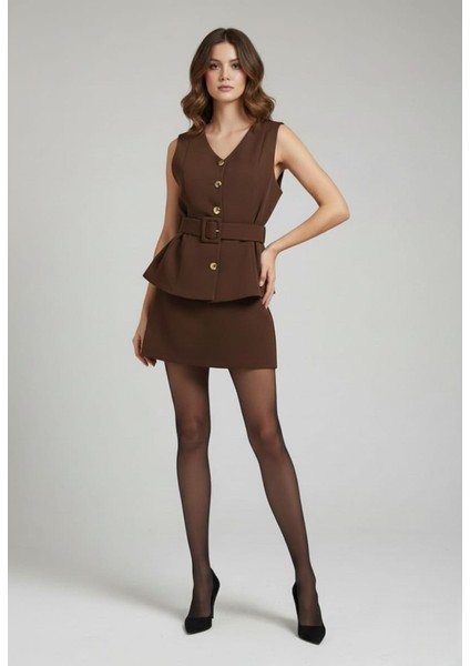 Kadın Etek Bluz Görünümlü Kemerli Gold Düğme Detaylı Mini Elbise