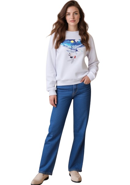 Kadın Beyaz Baskılı Sweatshirt