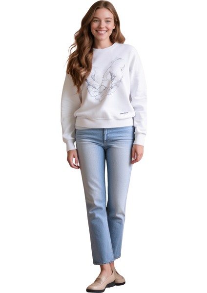 Kadın Beyaz Baskılı Sweatshirt
