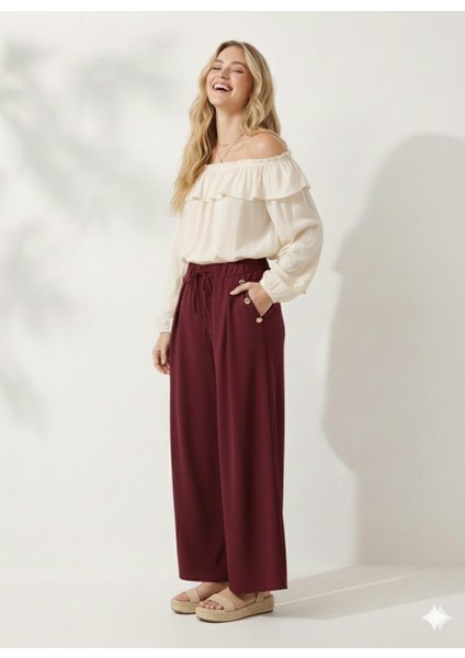 Cepte Düğme Detaylı Beli Lastikli Geniş Kesim Kloş Double Krep Kumaş Pantolon Etek -31010
