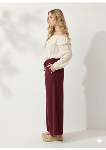 Cepte Düğme Detaylı Beli Lastikli Geniş Kesim Kloş Double Krep Kumaş Pantolon Etek -31010 fiyatları