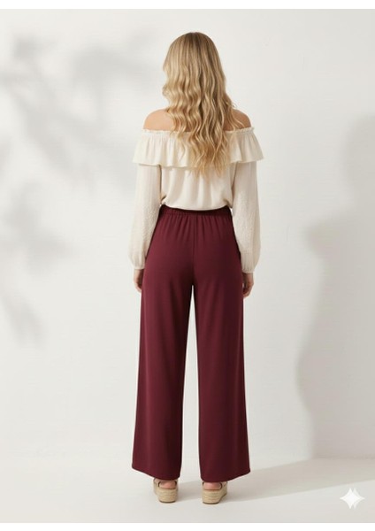 Cepte Düğme Detaylı Beli Lastikli Geniş Kesim Kloş Double Krep Kumaş Pantolon Etek -31010 indirimleri