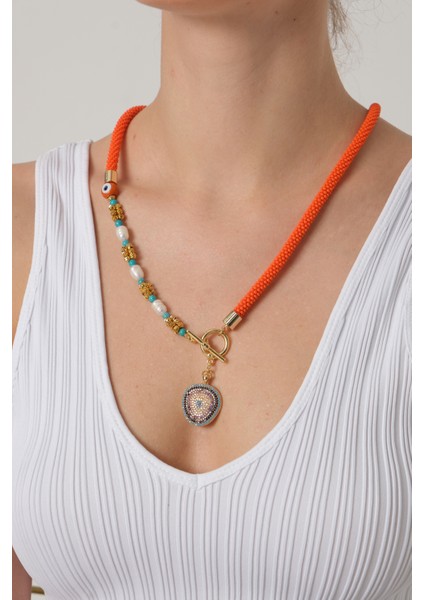Turuncu Örme Bohem Kolye