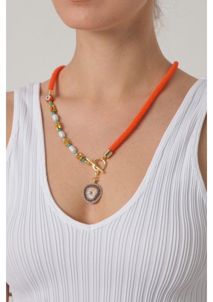 Turuncu Örme Bohem Kolye