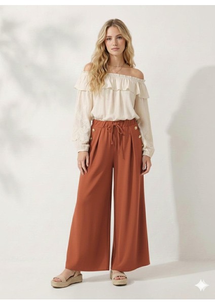 Cepte Düğme Detaylı Beli Lastikli Geniş Kesim Kloş Double Krep Kumaş Pantolon Etek -31010