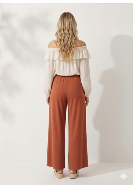 Cepte Düğme Detaylı Beli Lastikli Geniş Kesim Kloş Double Krep Kumaş Pantolon Etek -31010 fırsatları