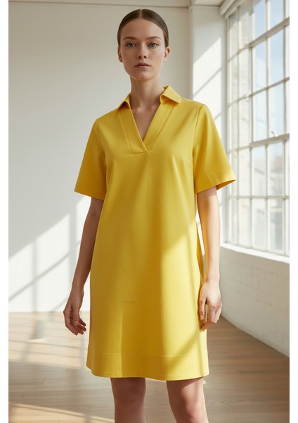 V Yaka Kısa Kollu Gömlek Elbise