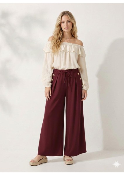 Cepte Düğme Detaylı Beli Lastikli Geniş Kesim Kloş Double Krep Kumaş Pantolon Etek -31010 fırsatları