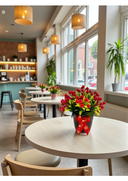 Yılbaşı Kokina Aranjmanı Kırmızı Berry Çiçek 25 cm Yeni Yıl Masa Dekoru Plastik Saksıda Yapay Çiçek Hediye Ev Süsü