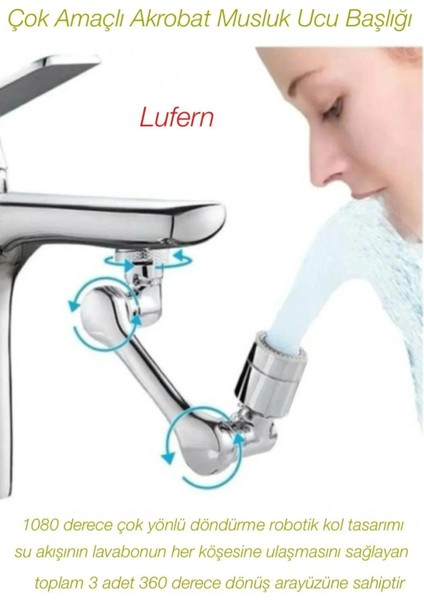 Çok Amaçlı Akrobat Musluk Ucu Başlığı Filtreli 2 Fonksiyonlu Mutfak Banyo 1080 Derece Dönebilen