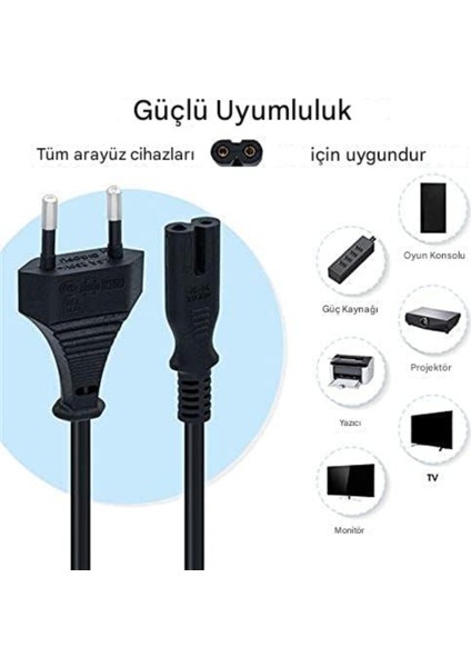 Power Güç Kablosu Ps2-Ps3-Ps4-Ps5-Xbox-Tv-Teyp-Işıldak-Yazıcı-Makinalar Için Uyumlu (1,5m) 2 Pinli fiyatları
