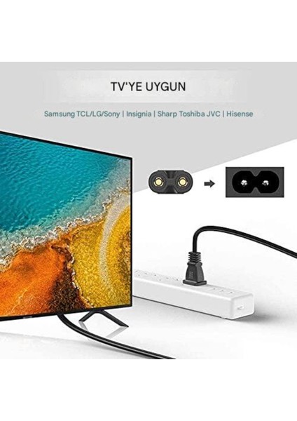 Power Güç Kablosu Ps2-Ps3-Ps4-Ps5-Xbox-Tv-Teyp-Işıldak-Yazıcı-Makinalar Için Uyumlu (1,5m) 2 Pinli modelleri