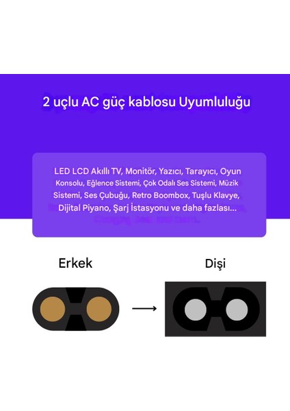 Power Güç Kablosu Ps2-Ps3-Ps4-Ps5-Xbox-Tv-Teyp-Işıldak-Yazıcı-Makinalar Için Uyumlu (1,5m) 2 Pinli