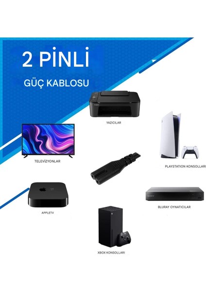 Power Güç Kablosu Ps2-Ps3-Ps4-Ps5-Xbox-Tv-Teyp-Işıldak-Yazıcı-Makinalar Için Uyumlu (1,5m) 2 Pinli