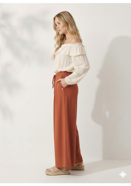Cepte Düğme Detaylı Beli Lastikli Geniş Kesim Kloş Double Krep Kumaş Pantolon Etek -31010 modelleri