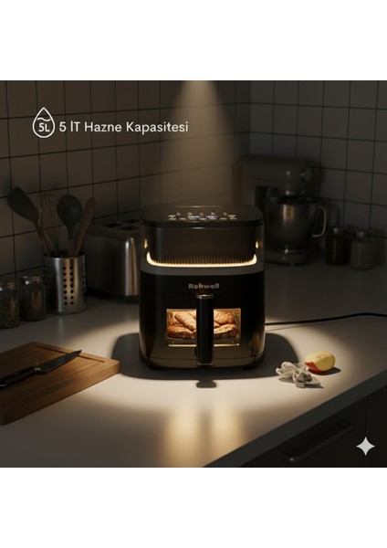 Robx Rxo5 Otomatik Buhar Püskürtmeli Airfryer, 10 Renkli Işıklı Menü