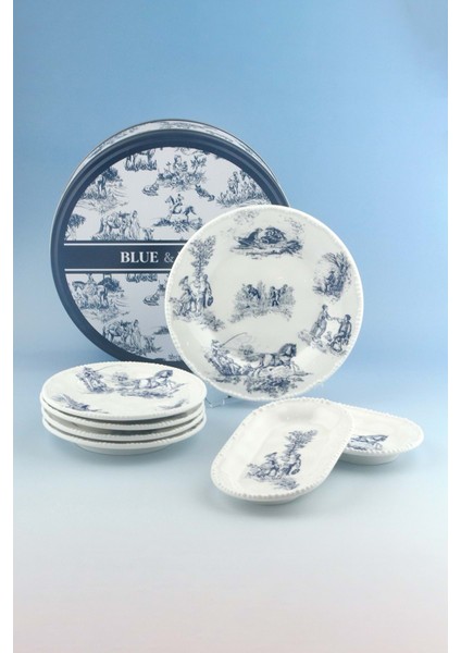 Inci Serisi Mavi Ingiliz 8 Parça Porselen Pasta Takımı