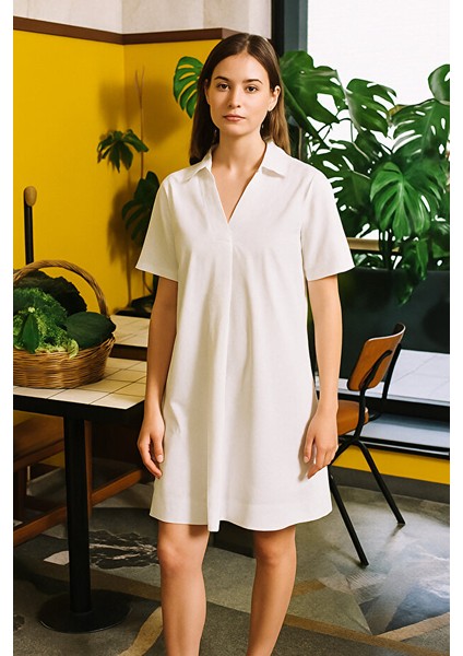 V Yaka Kısa Kollu Gömlek Elbise