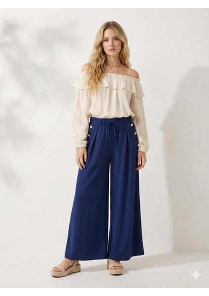 Cepte Düğme Detaylı Beli Lastikli Geniş Kesim Kloş Double Krep Kumaş Pantolon Etek -31010 indirimleri