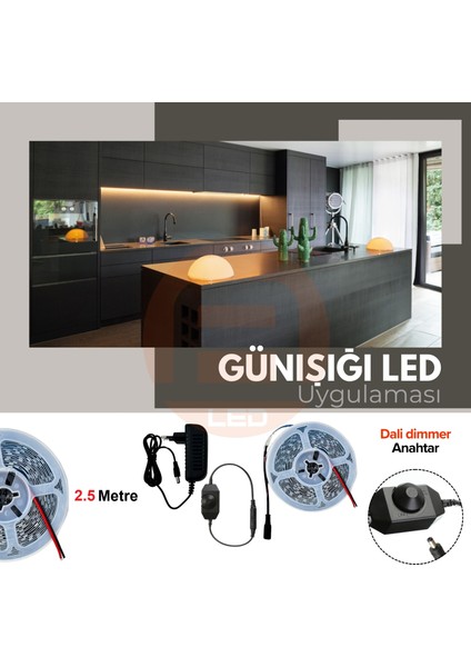 12V Yüksek Parlaklık 4040 Şerit LED Tak Çalıştır Hazır Set, 2.5 Metre Günışığı, Dali Dimmer Aç-Kapa Anahtar ve Adaptör Dahil, Gizli Aydınlatma, Mutfak, Tezgah, Dolap İçi ve Ayna İçin