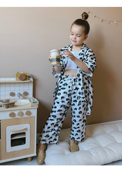 Kız Çocuk Pamuklu Püskül Detaylı Kimono 2li Takım Mevsimlik