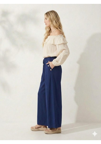 Cepte Düğme Detaylı Beli Lastikli Geniş Kesim Kloş Double Krep Kumaş Pantolon Etek -31010 modelleri
